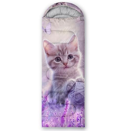 HOSIMA Kids & Adults Purple Cat Pattern 90in x 32in Waterproof Sleeping Bag - Cold Weather Camping Gear