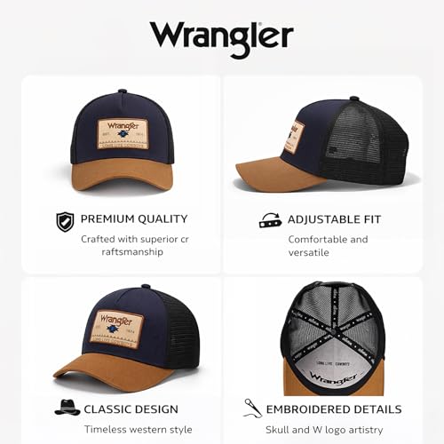 Montana West X Wrangler Men's Trucker Hat 2-Pack Black & Navy Breathable Mesh Structured Caps Adjustable Snapback
