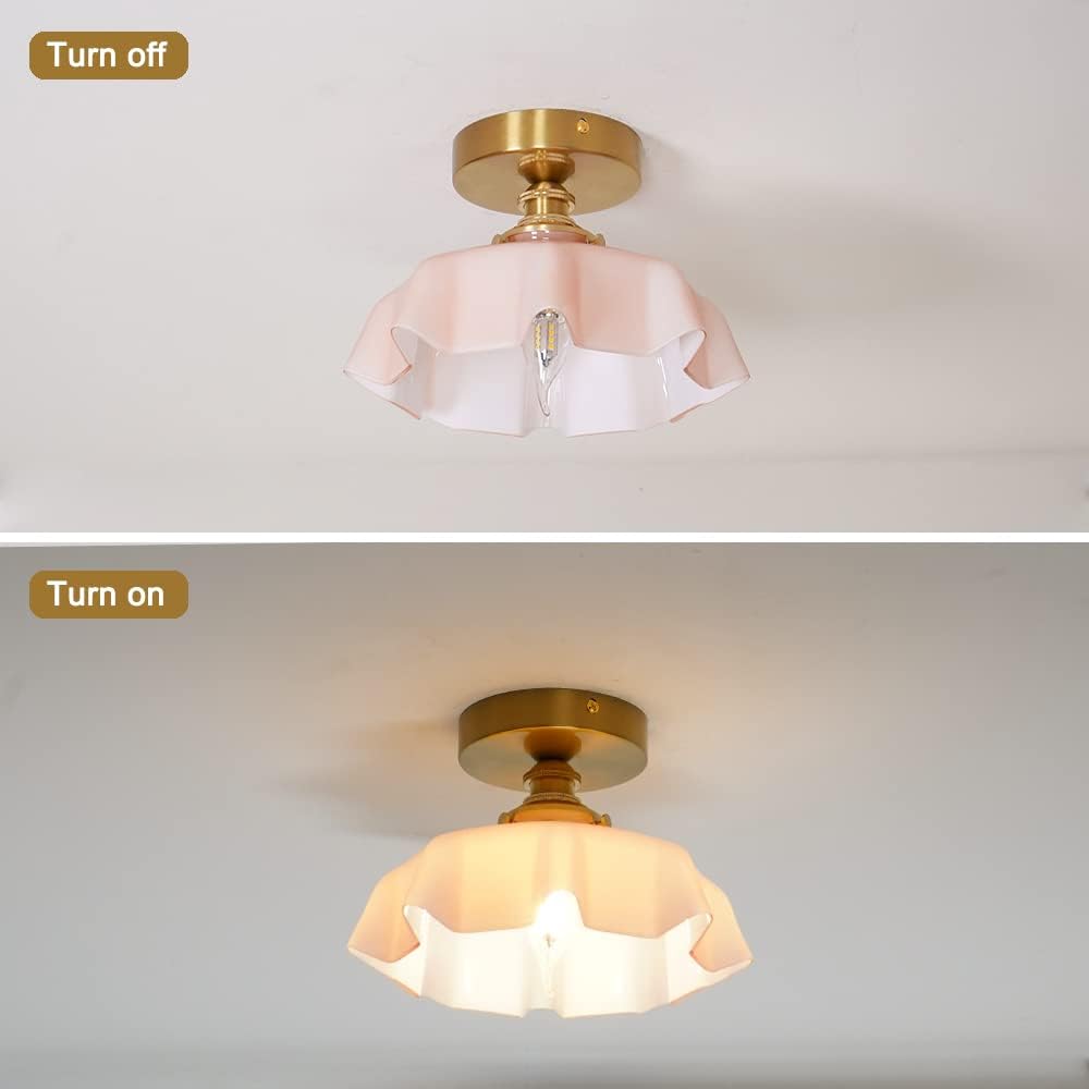Vintage Pink Flush Mount Ceiling Light - Brass Semi-Flush Fixture with Flower Glass Shade for Small Rooms & Hallways