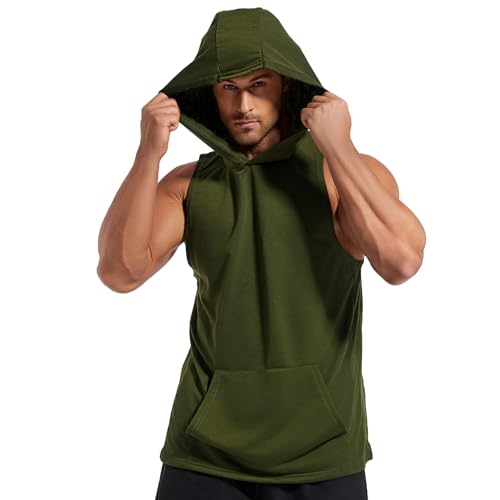 Men's Sleeveless Muscle Tank Top - Workout, Dry-Fit, Pocket - Small Green