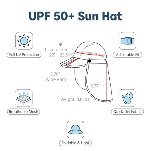 Large Khaki Men Women Safari Fishing Sun Hat with Removable Neck Flap UPF 50+ UV Protection, Quick Dry Breathable