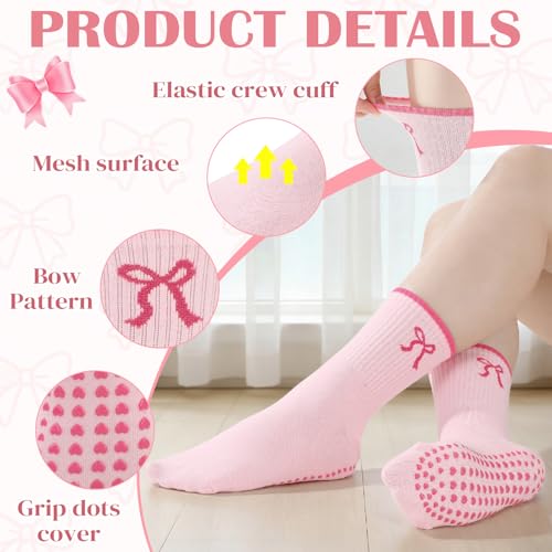Mixed Pink Bow Pilates Socks 3/6 Pairs Non Slip Women Yoga & Fitness