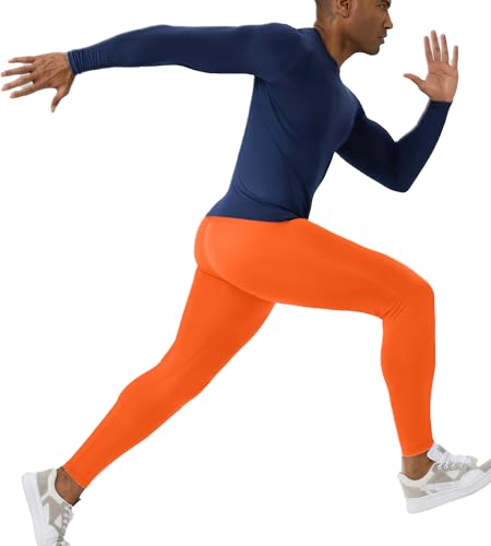 Men's Compression Running Leggings - Cool Dry Base Layer Pants - Orange#08, Large