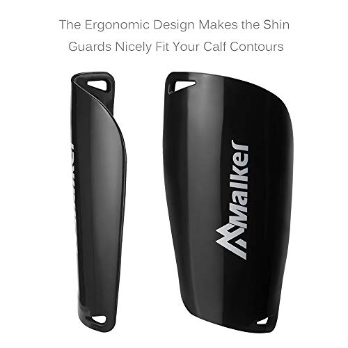 Malker Kids Youth & Adult Black Large Soccer Shin Guards with Sleeves - Lightweight & Protective