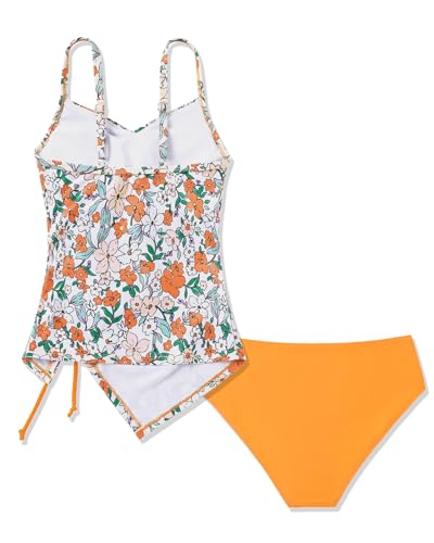 Girls Tankini Swimsuit - Printed Two Piece Bathing Suit with Drawstring, Orange Floral - Age 13-14