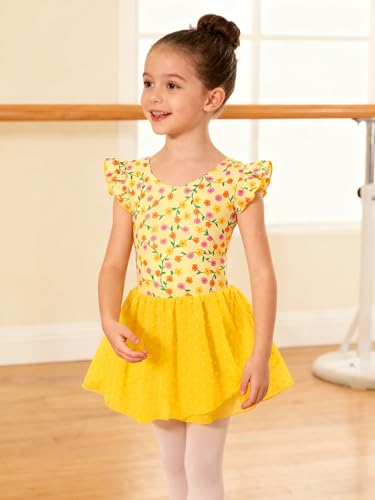 Funnycokid Girl Ballet Leotard 5T Flower Yellow Dance Costume