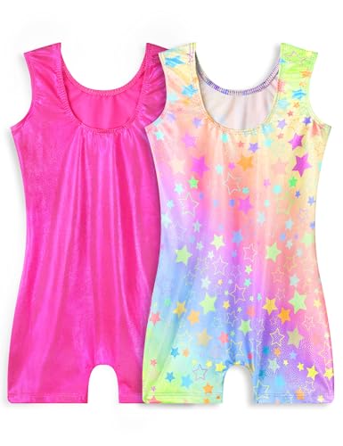 Sleeveless Sparkly Gymnastics Leotards for Girls - 4-5T Rainbow Stars & Rose Red