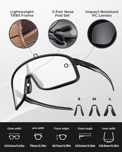 Photochromic Sports Sunglasses UV400 Lightweight - Black to Grey