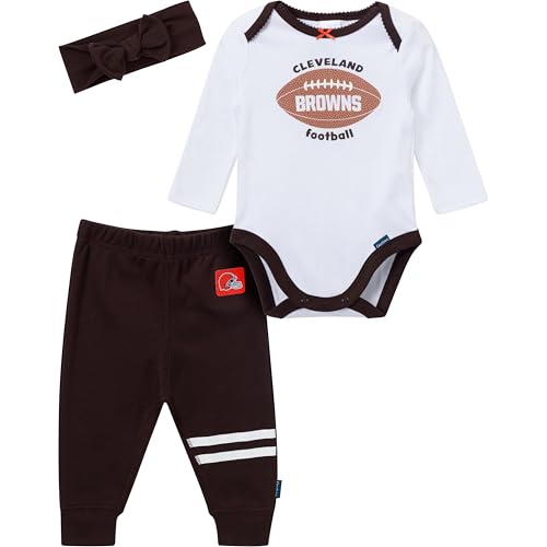 NFL Baby Girls 3-Piece Onesie Bodysuit, Pants & Headband Set - Cleveland Browns, 6-9 Months