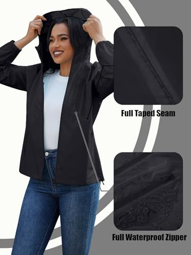 CRIPOM Women's Waterproof Hooded Rain Jacket - Light, Breathable, Black, Large