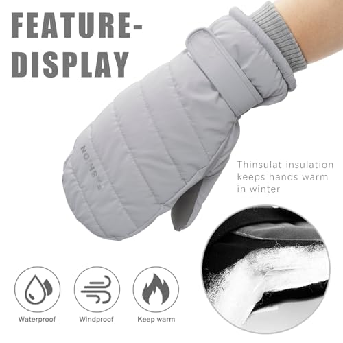 Waterproof Winter Ski Mittens for Men & Women - Light Grey, Medium