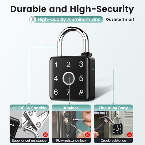 Fingerprint Padlock, Fingerprint/Password/RFID/App Unlock, USB-C Rechargeable Waterproof Biometric Padlock for Gym Locker, School Locker, Backyard Gate, Shed, Fence Door