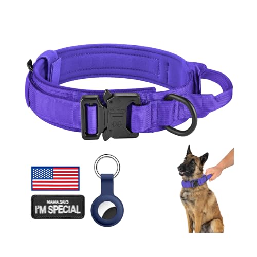 DAGANXI Tactical Dog Collar Purple M - Adjustable Military Nylon Collar with Control Handle & Airtags Case