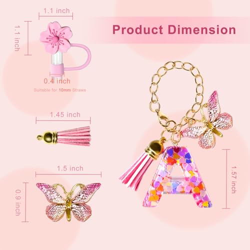 Initial Letter Charm & Silicone Straw Cover Set for 10mm Tumbler Straws - Pink