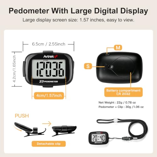 Pocket Pedometer with LED Backlight - Black Clip On Step Counter