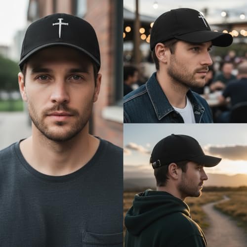 Black Christian Baseball Cap with Three Nails Cross Embroidery - Unisex Faith Hat