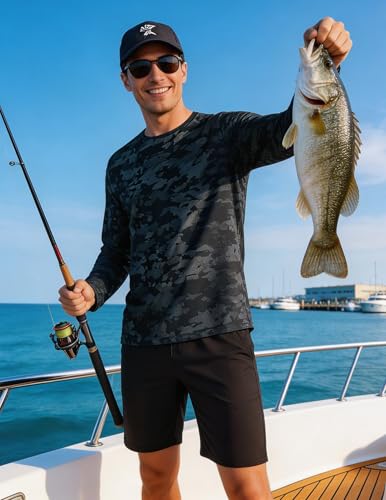 PINSPARK Men's UV Protection Long Sleeve Fishing Shirt Camo Rash Guard Quick Dry Swim T-Shirt - Dark Grey / Medium