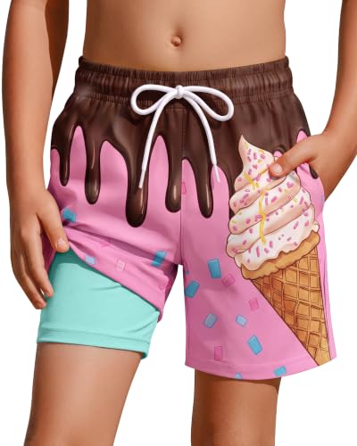 Boys Swim Trunks - Pink Blue Chocolate Drip Cone, 8-9 Years