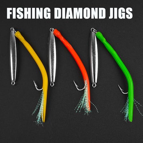 Diamond Jigs Saltwater Fishing Lures 3oz (3 Colors) Tube Tail Teaser, Stainless Steel Hook