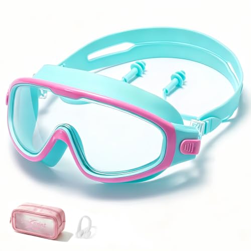 Kids Swim Goggles for 3-14 Years - Pink Green, Anti-Fog, UV Protection, No Leak, Wide View, Seasprint