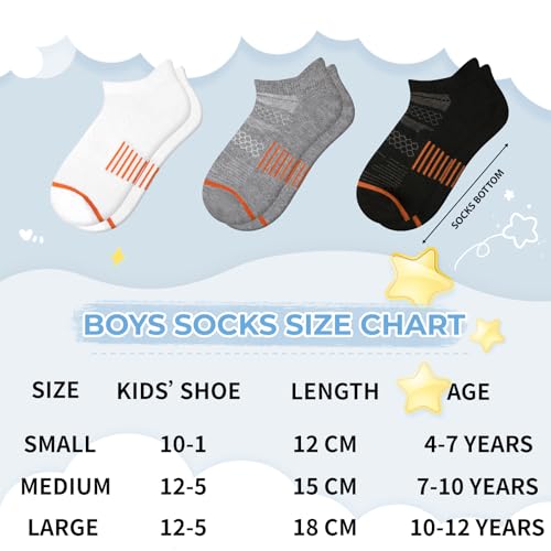 Black 12 Pairs Boys Running Ankle Socks Kids 7-10 Years Athletic Breathable Cotton