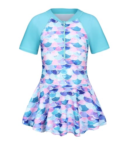 Qterdiz Girls 7-8 Cyan Mermaid Short Sleeve Swim Dress One-Piece Bathing Suit 3-16 Years