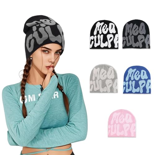 Y2K Beanie for Women & Men - Unique Pattern Design, One Size Black Grey