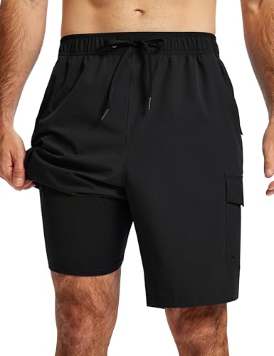 Men's 11-Inch Black Swim Trunks with Compression Liner, X-Large