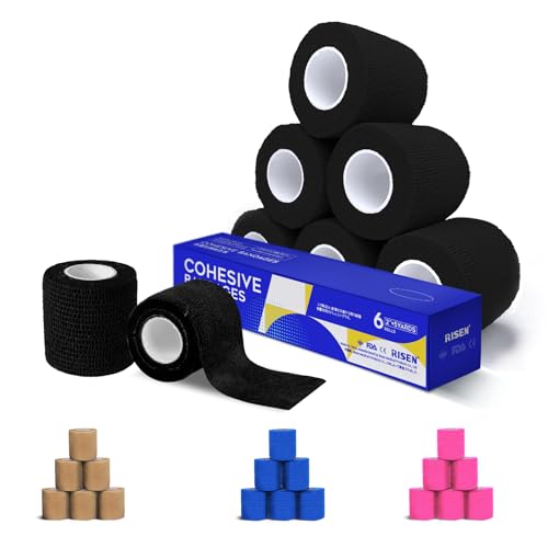 RISEN Black Cohesive Bandage 2” x 5 Yards - 6 Rolls Self-Adherent Medical Wrap for Athletic & First Aid