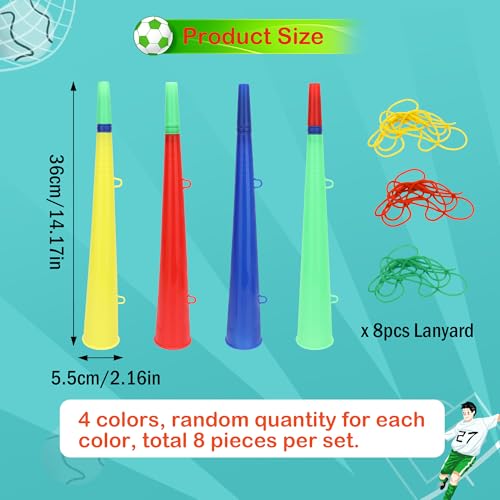 Soccer Vuvuzela Horn Set - 8 Loud Plastic Noise Makers with Lanyard - Variation A