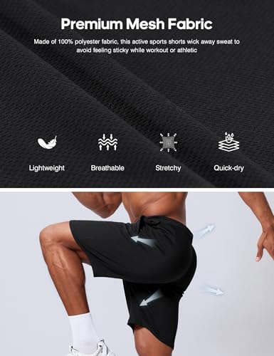 Men's 9 Inch Inseam Athletic Shorts - Quick Dry Mesh - Large Black