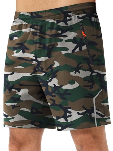 Men's 7 Inch Quick Dry Running Shorts with Zipper Pockets - Green Camo, Large