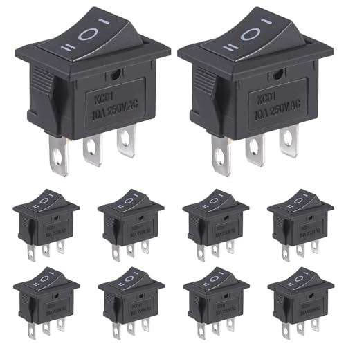 3 Pin ON/OFF/ON Rocker Switch - Black, Pack of 10 Pcs