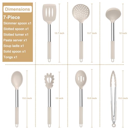 E-far 7-Piece Silicone Cooking Utensil Set Khaki Food-Grade Heat-Resistant Kitchen Tools