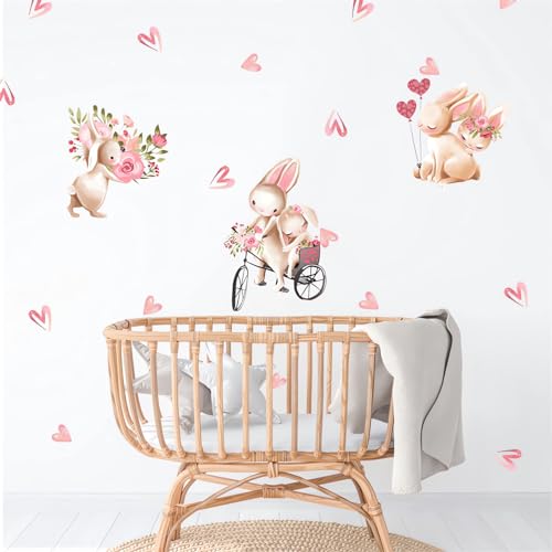 Cute Pink Bunny Love Pattern Wall Stickers, sacinora Little Rabbit Cartoon Animal DIY Wall Decals Removable Vinyl Peel and Stick for Kids Baby Girl Nursery Bedroom Toddler Room Kindergarten Decoration