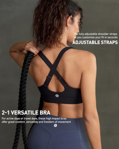 RUNNING GIRL Medium Black High Support Sports Bra with Adjustable Straps, Sewn-in Pads