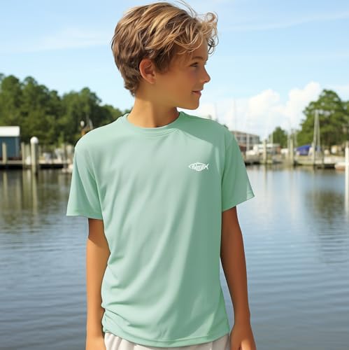 Palmyth Boys Fishing Shirt UPF 50+ Short Sleeve Youth Performance T-Shirt Large Seafoam Smallmouth Bass