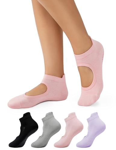4-Pair Non-Slip Pilates Socks with Grips for Women - Black, Gray, Pink, Purple