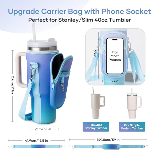 linmaya Dark Blue 40oz Water Bottle Carrier Bag with Phone Pockets & Adjustable Strap