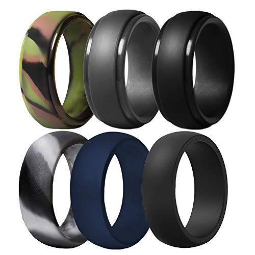 Silicone Wedding Ring Set for Men - 6 Pack Camo, Blue, Dark Grey, Black