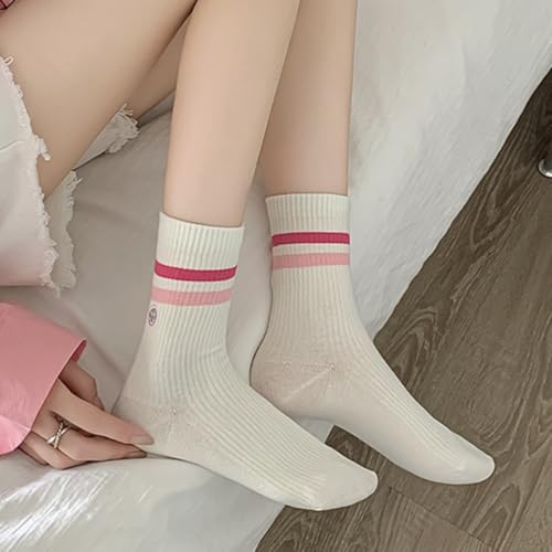 Solid Color Two Stripe Crew Socks - Pink Smiling Face