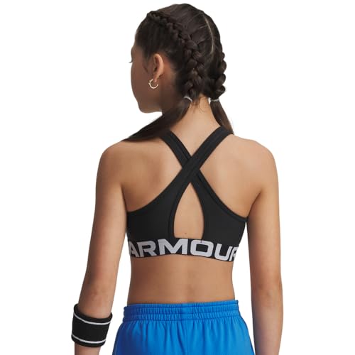 Under Armour Kids Cross-Back Mid-Impact Sports Bra Large Black White - Big Kid Athletic Support