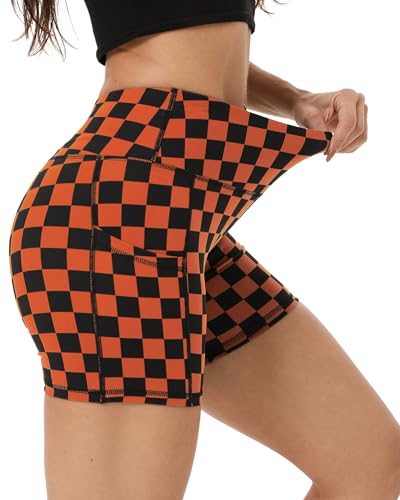 ZLLW Women's High Waist Print Yoga Shorts - Large Black & Orange, 5-Inch Squat Proof Biker Athletic Shorts