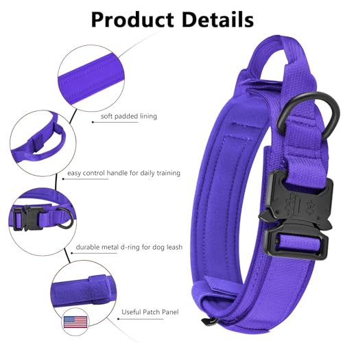 DAGANXI Tactical Dog Collar Purple M - Adjustable Military Nylon Collar with Control Handle & Airtags Case