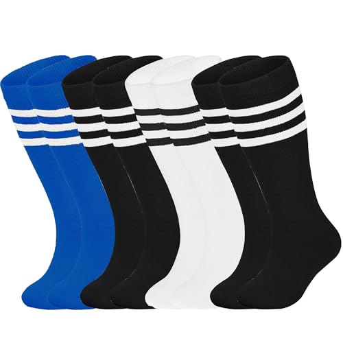 LPMOERA 4 Pairs Toddler Knee High Soccer Socks for Boys Girls, 4-7 Years, Black/Black/White/Blue