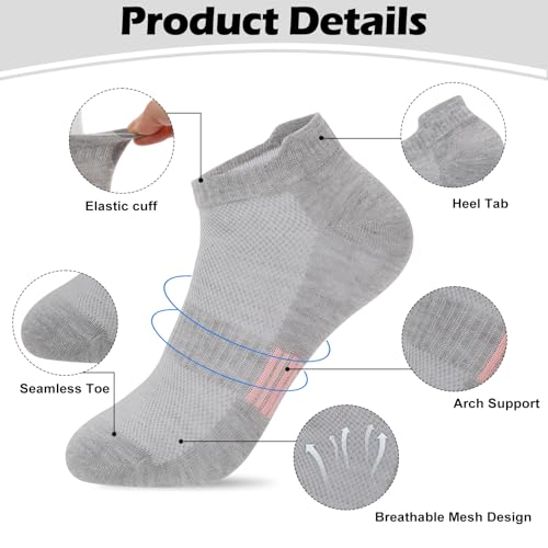 Womens Athletic Ankle Socks - Low Cut, 8 Pairs - Black & Gray