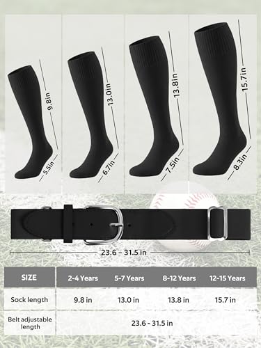 Baseball Socks and Belt Combo for Youth Boys - Black, 5-7 Years