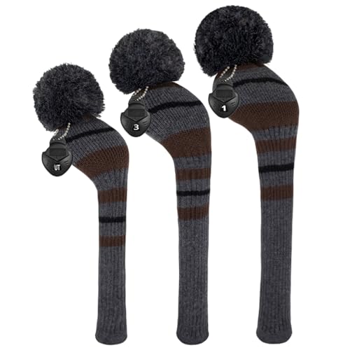 Scott Edward Knitted Golf Club Headcovers Set of 3 Grey Black Brown Stripes – Driver, Fairway, Hybrid