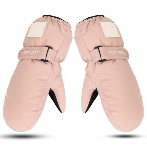 Kids Waterproof Snow Mittens - Warm Ski Gloves for 6-12 Years - Pink