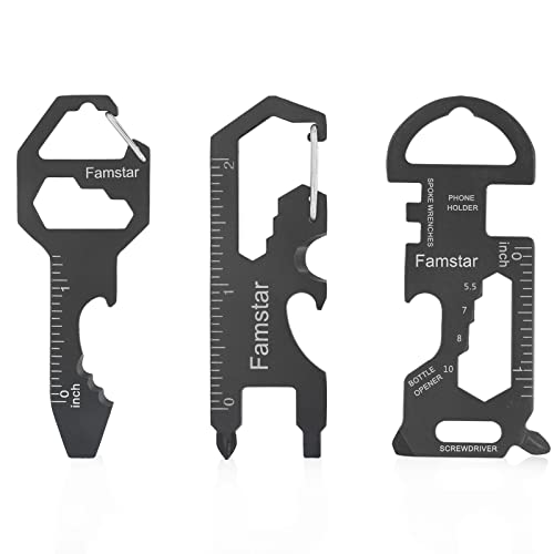 Keychain Multi-Tool 3-Pack - Metal Pocket Tool Wrench & Ruler - Black